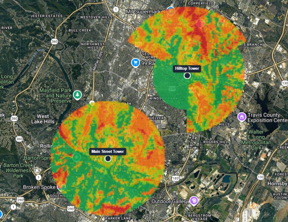 GridVisio RF Propagation Heatmap — ITU-R P.1812 signal-strength layer shown in the map's Layers panel