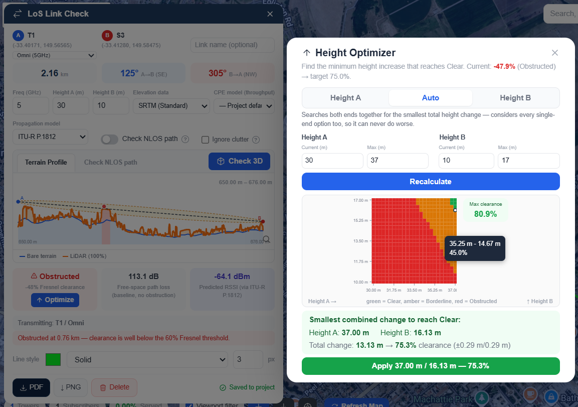 GridVisio Height Optimizer — Auto mode colored clearance grid across both antenna heights, with Max Clearance pill and Apply button