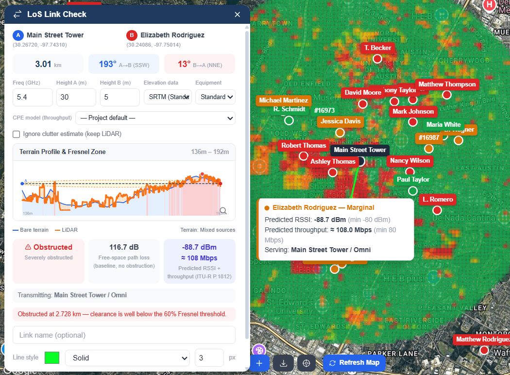 GridVisio LoS Link Check — terrain profile, Fresnel zone, obstruction at 0.53 km, 111.6 dB FSPL