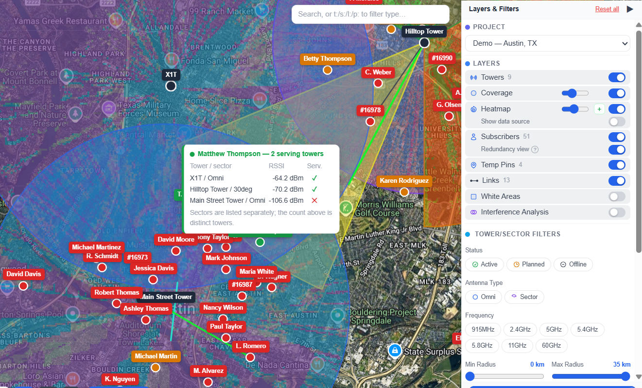 GridVisio Redundancy view — subscriber markers coloured green, amber and red by how many towers can serve each one