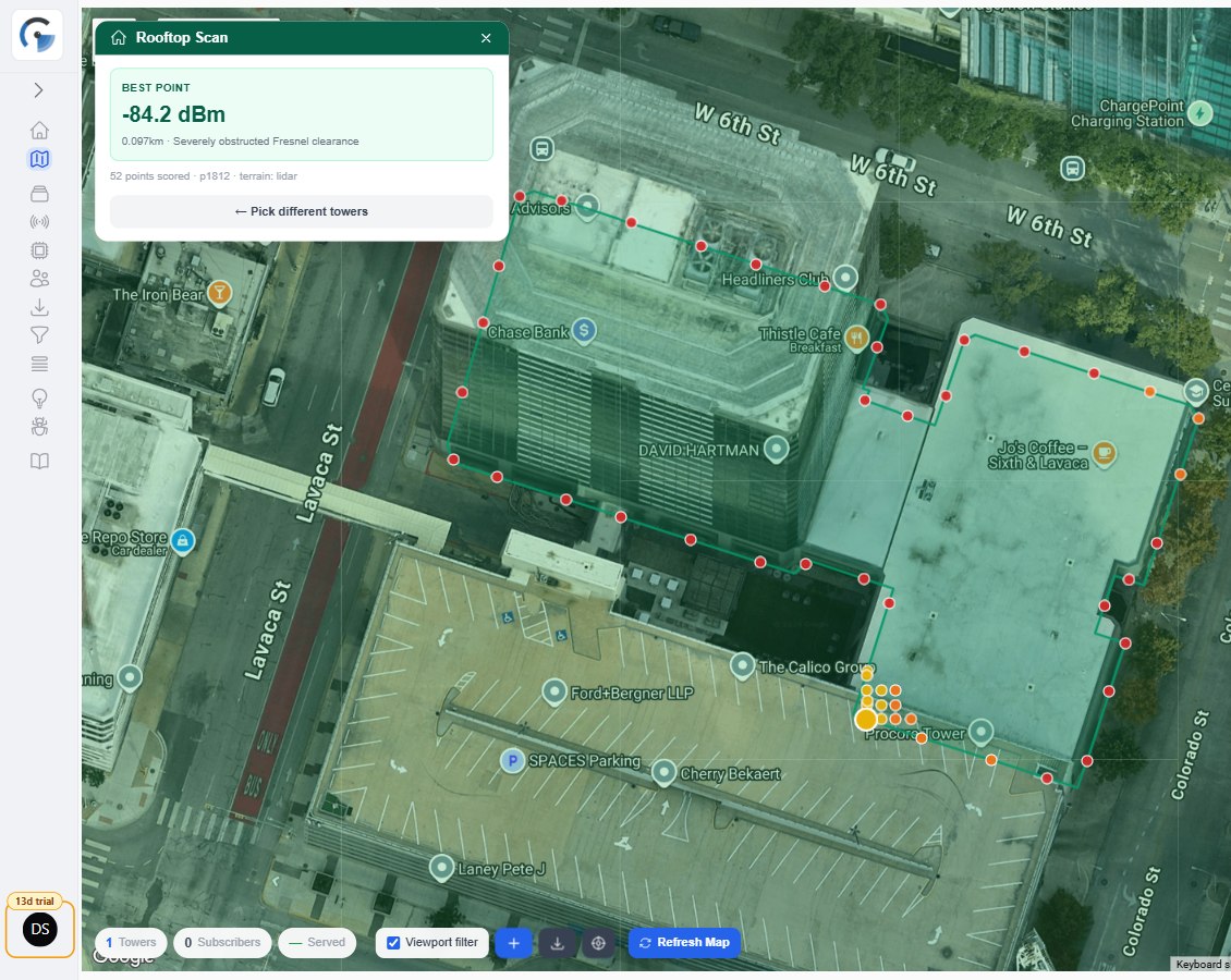 GridVisio Rooftop Scan — scored candidate points ringing a real rooftop edge, with the best mounting point highlighted